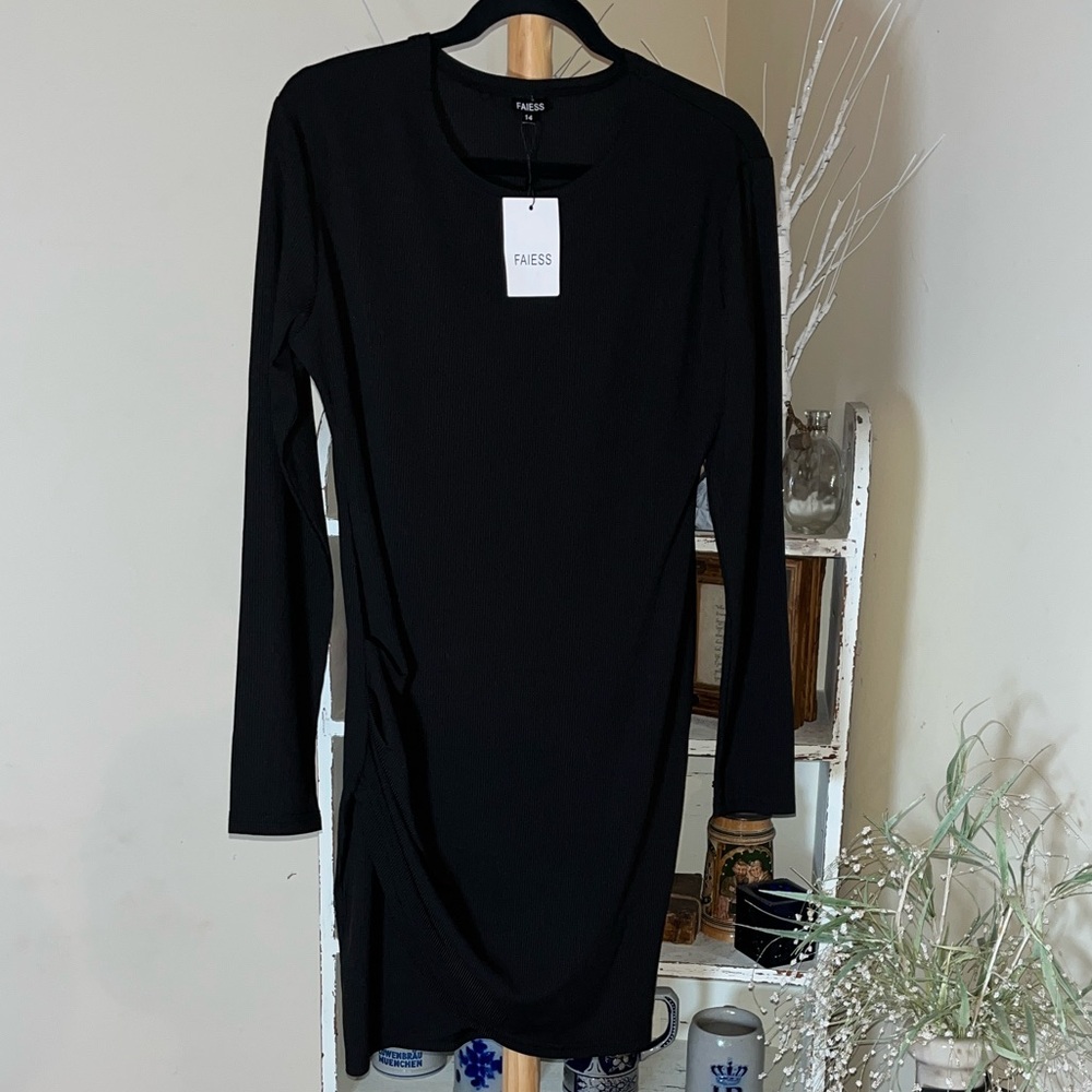 NWT Faiess 14 Black Long Sleeve Body Con Dress.Wrap hem w/gathered side slit.